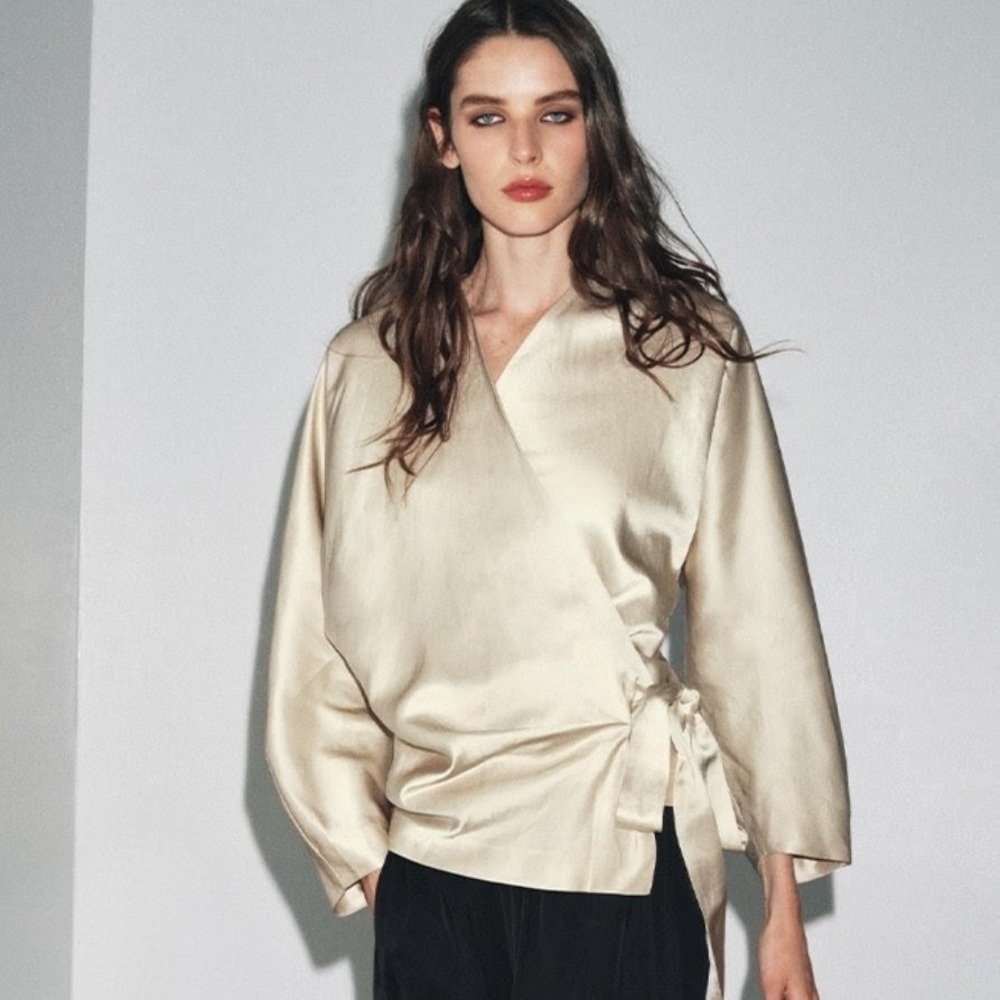 NWT Zara Linen Blend Silk-Feel Wrap Long Sleeve Top in Champagne - S